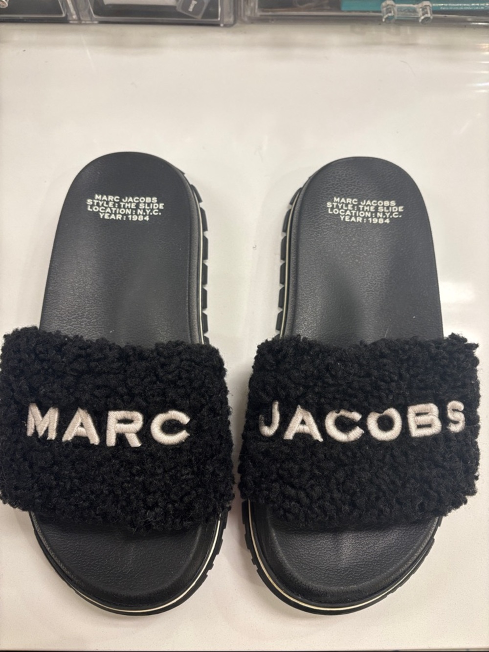 Marc Jacobs Black Shearling Logo Slide Sandals with White Embroidery - Picture 1 of 3